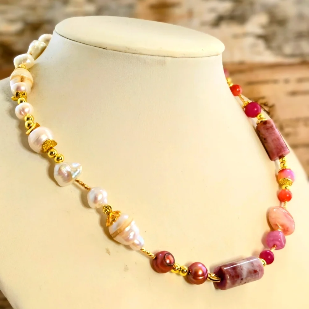 Natural Cherry Red Jade & White Baroque Pearls In Assymetrical Freeform Necklace